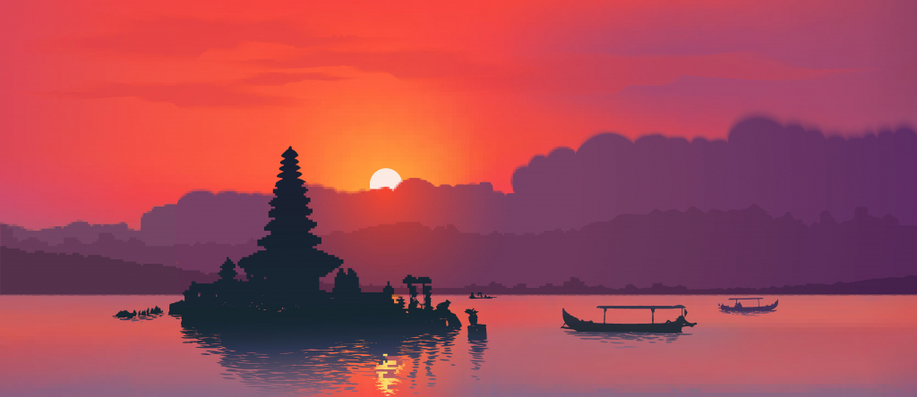 Red sunset with silhouette of famous balinese Ulun Danu water temple and fisherman boats on lake Bratan, Bali, Indonesia. Realistic vector illustration background